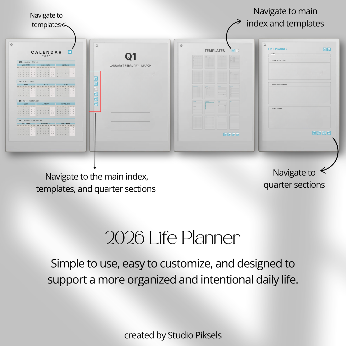 Life Planner 2026 PDF for reMarkable Paper Pro with hyperlinked calendar, templates, and customizable pages.