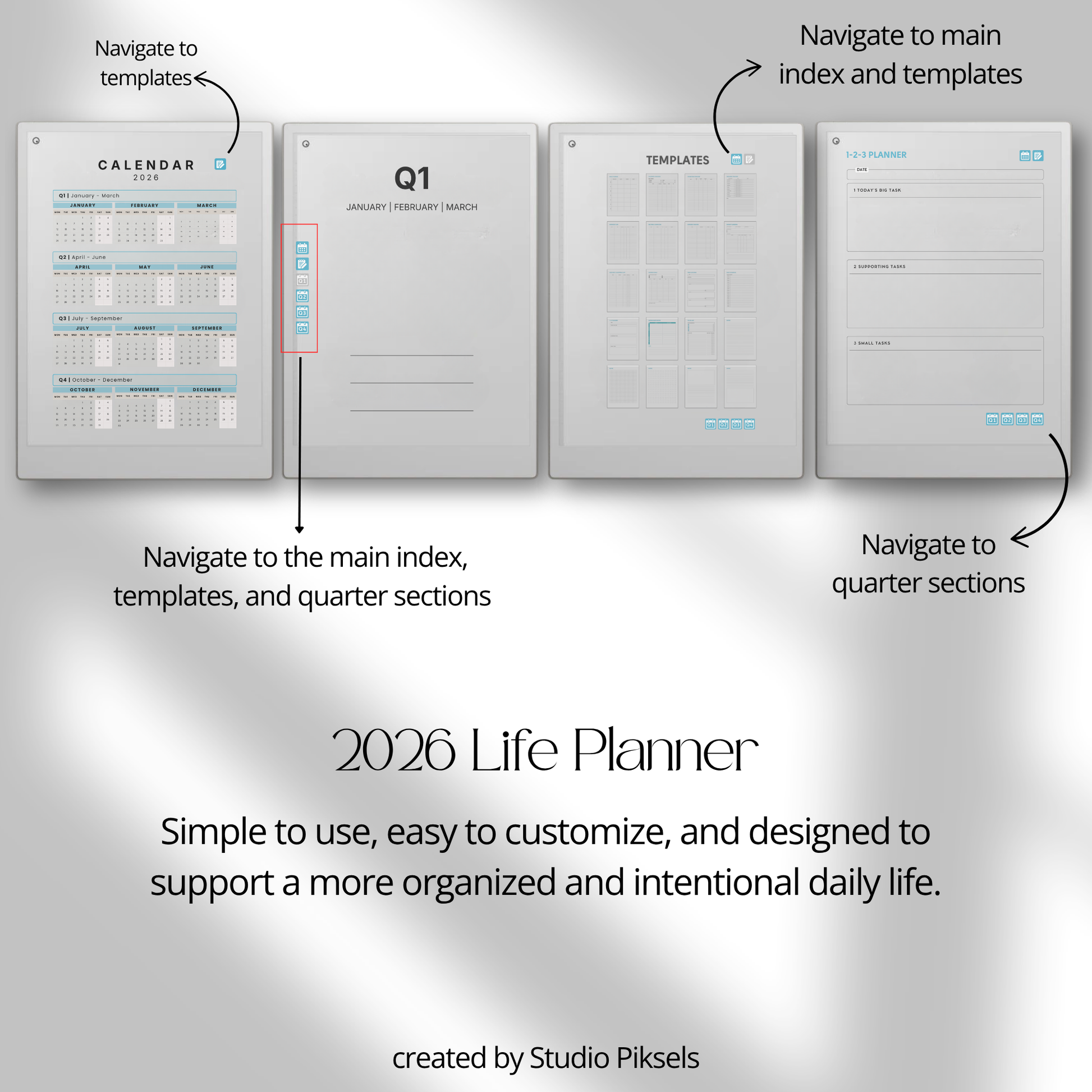 Life Planner 2026 PDF for reMarkable Paper Pro with hyperlinked calendar, templates, and customizable pages.