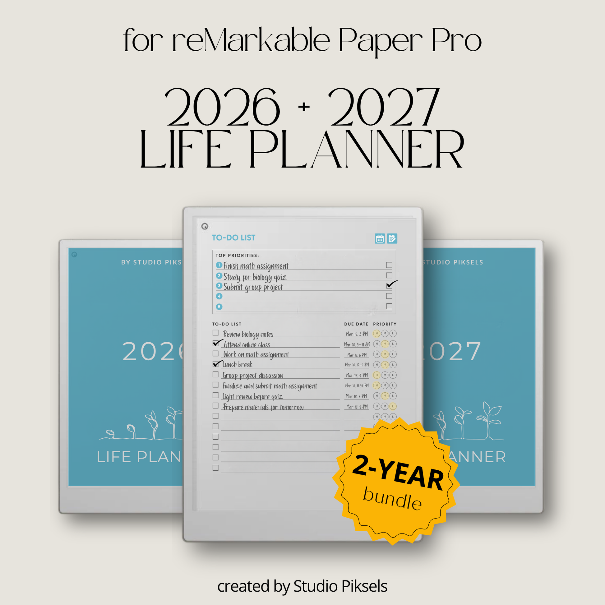 Life Planner Bundle 2026 and 2027 PDF for reMarkable Paper Pro with hyperlinked calendar and customizable templates.