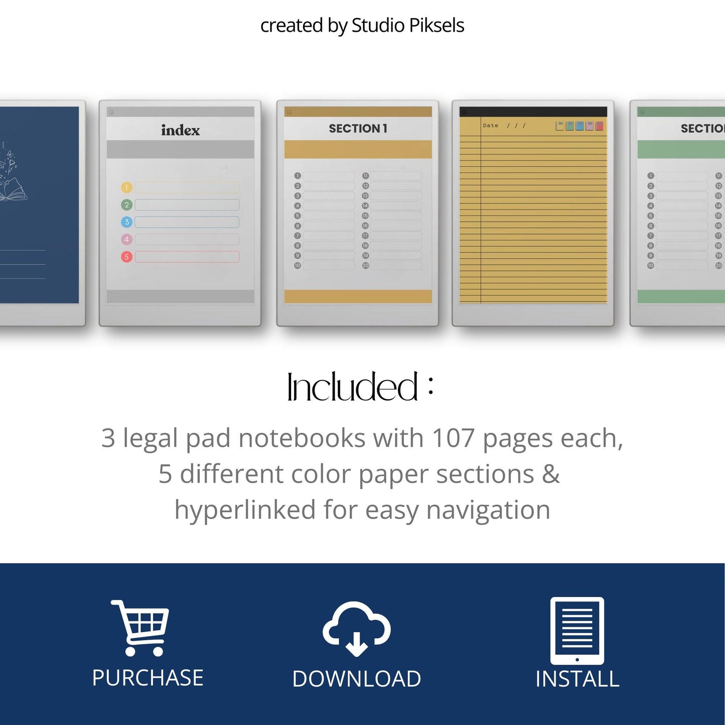 Lined notes notebook for reMarkable Paper Pro with hyperlinked sections.