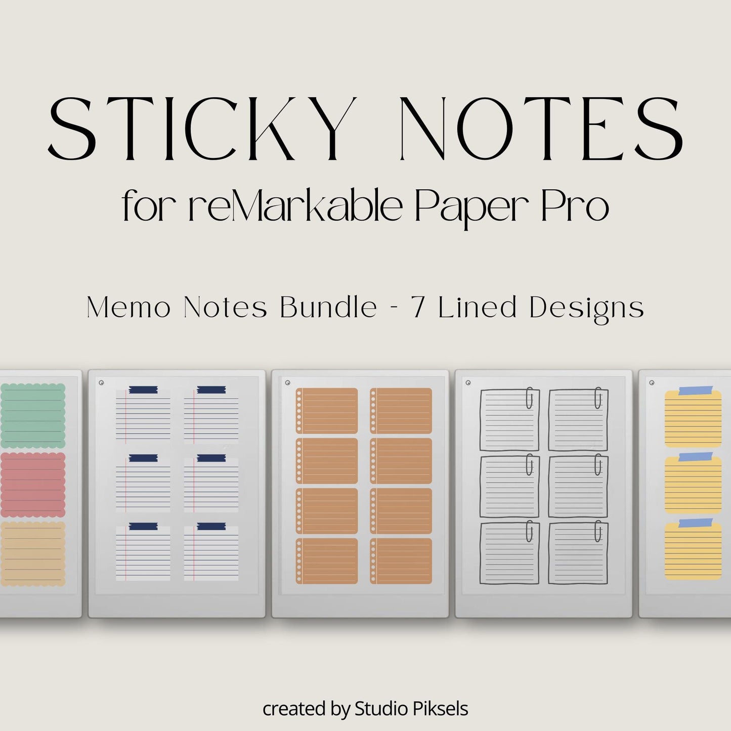 Organize ideas, reminders, and daily tasks with this Lined Sticky Notes Bundle designed for reMarkable Paper Pro. This digital quick notes set includes seven lined sticky note designs that provide structured layouts for planning, brainstorming, note-taking, and productivity.