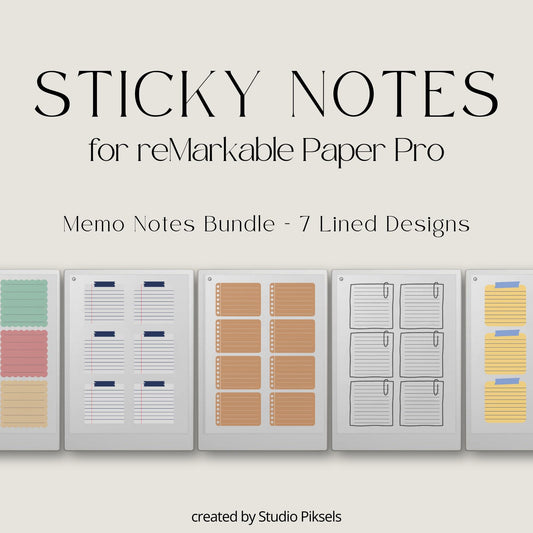 Organize ideas, reminders, and daily tasks with this Lined Sticky Notes Bundle designed for reMarkable Paper Pro. This digital quick notes set includes seven lined sticky note designs that provide structured layouts for planning, brainstorming, note-taking, and productivity.