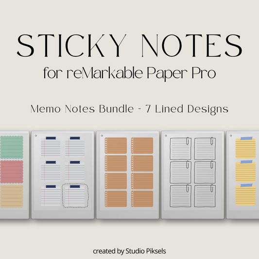 Lined Sticky Notes digital notebook bundle for reMarkable Paper Pro with 7 memo layouts, structured writing pages, reminders, and planning templates.