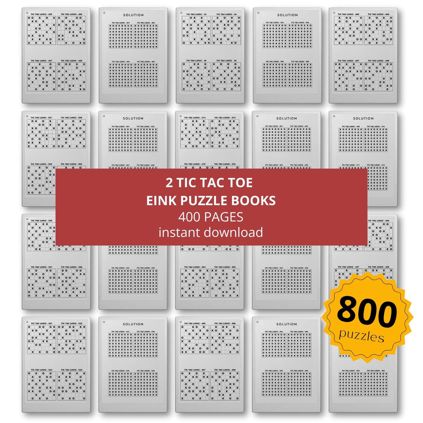 Tic Tac Toe logic puzzle book bundle for reMarkable, featuring 800 puzzles and clean, e-ink optimized grid layouts