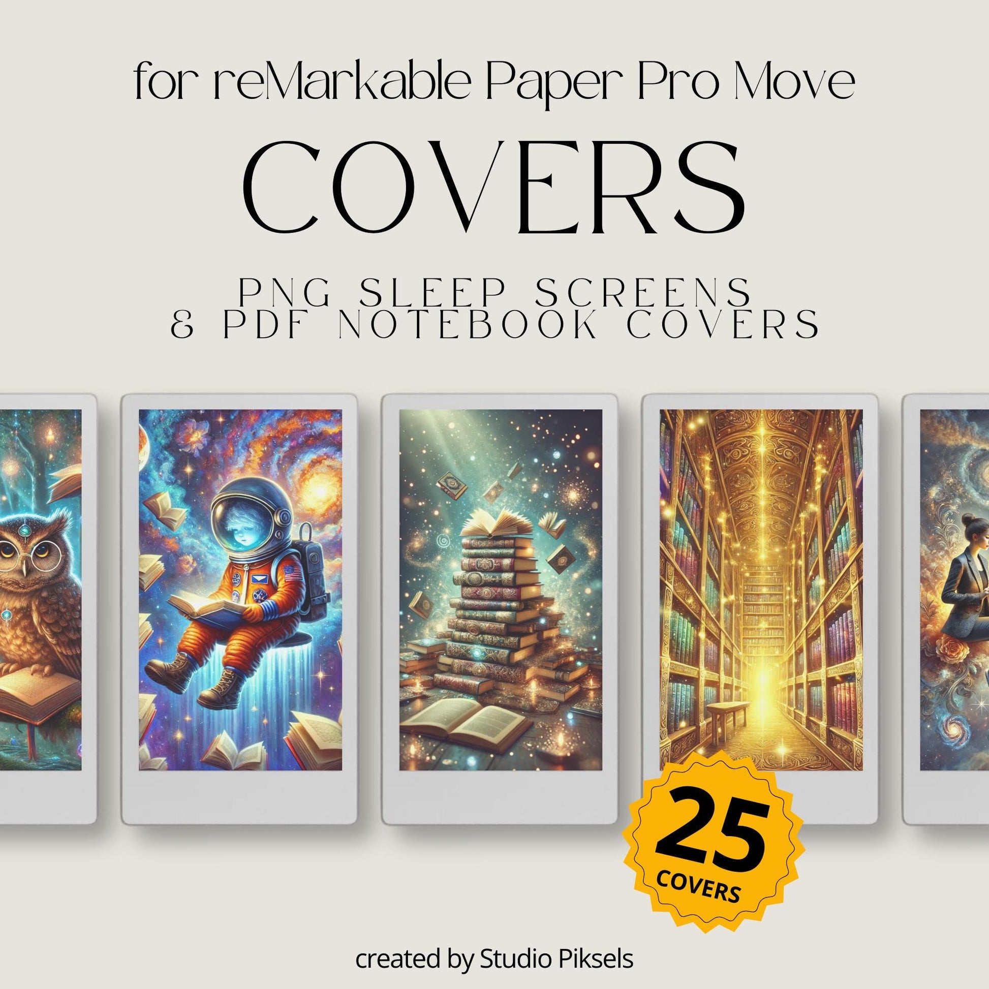 Magical book lovers cover bundle for the reMarkable Paper Pro Move featuring 25 library and reading digital designs in PNG sleep screen and PDF notebook cover formats.