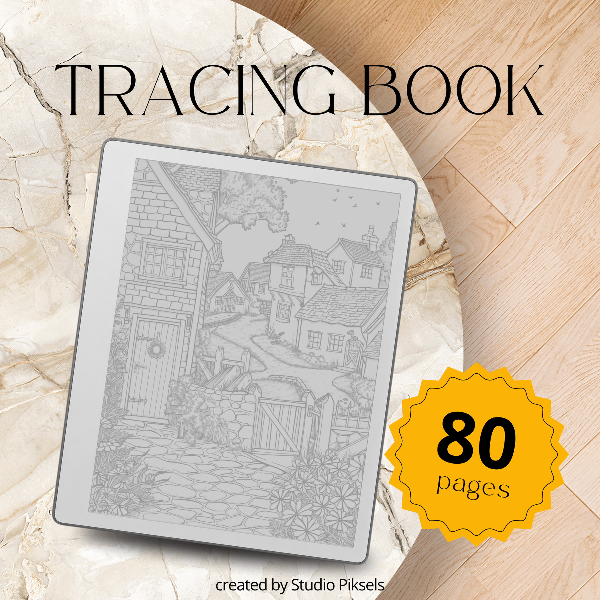 Digital tracing book for reMarkable 1, 2, and Paper Pure with 80 fairy tale-inspired pages, featuring castles, cottages, enchanted forests, mythical creatures, and whimsical characters, optimized for mindful tracing and creative relaxation.