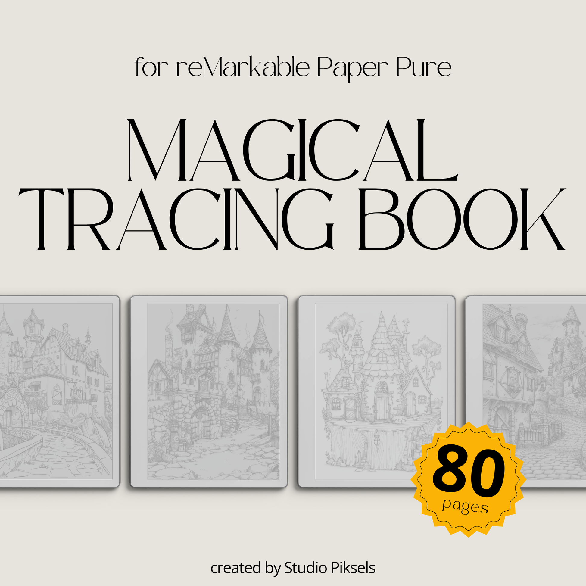 Digital tracing book for reMarkable 1, 2, and Paper Pure with 80 fairy tale-inspired pages, featuring castles, cottages, enchanted forests, mythical creatures, and whimsical characters, optimized for mindful tracing and creative relaxation.