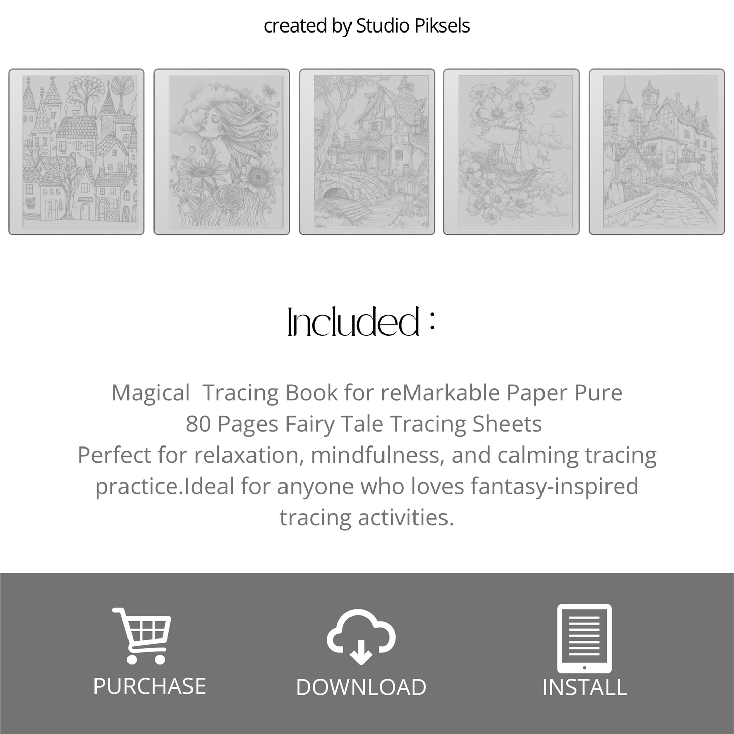 Digital tracing book for reMarkable 1, 2, and Paper Pure with 80 fairy tale-inspired pages, featuring castles, cottages, enchanted forests, mythical creatures, and whimsical characters, optimized for mindful tracing and creative relaxation.