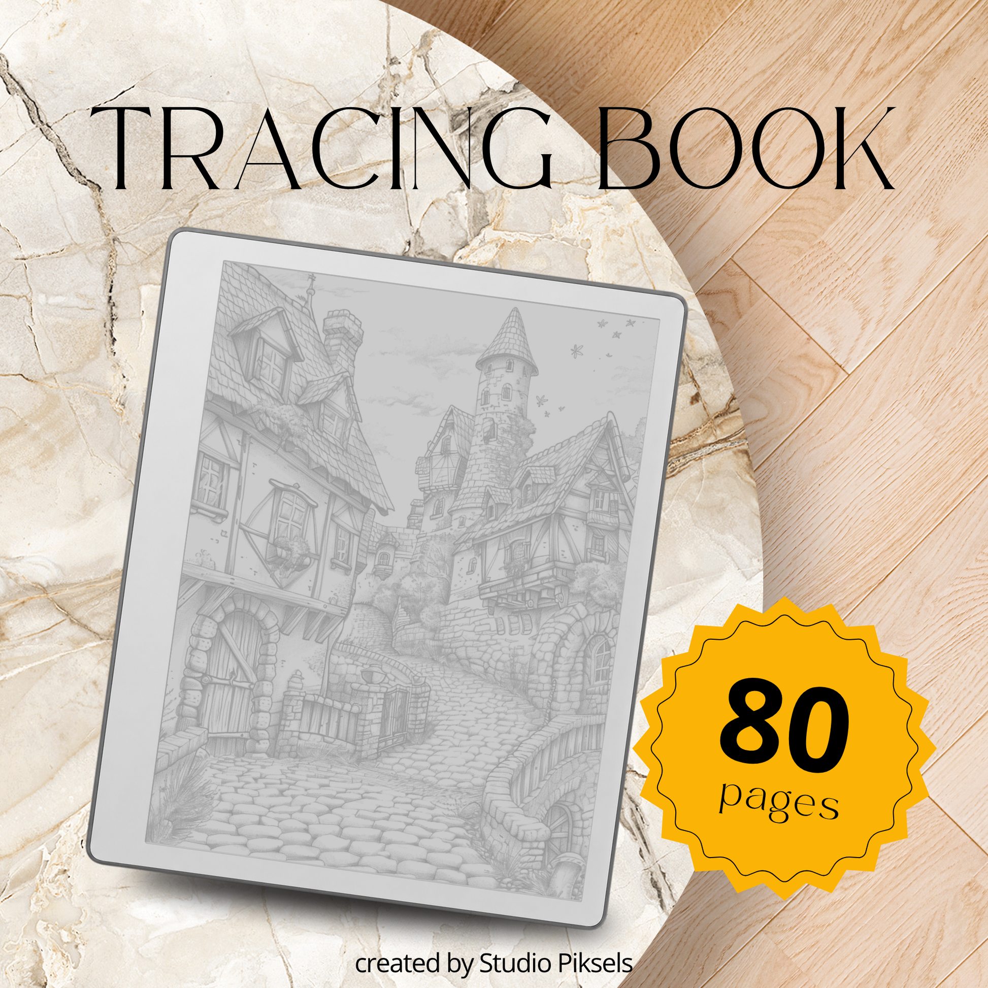 Digital tracing book for reMarkable 1, 2, and Paper Pure with 80 fairy tale-inspired pages, featuring castles, cottages, enchanted forests, mythical creatures, and whimsical characters, optimized for mindful tracing and creative relaxation.