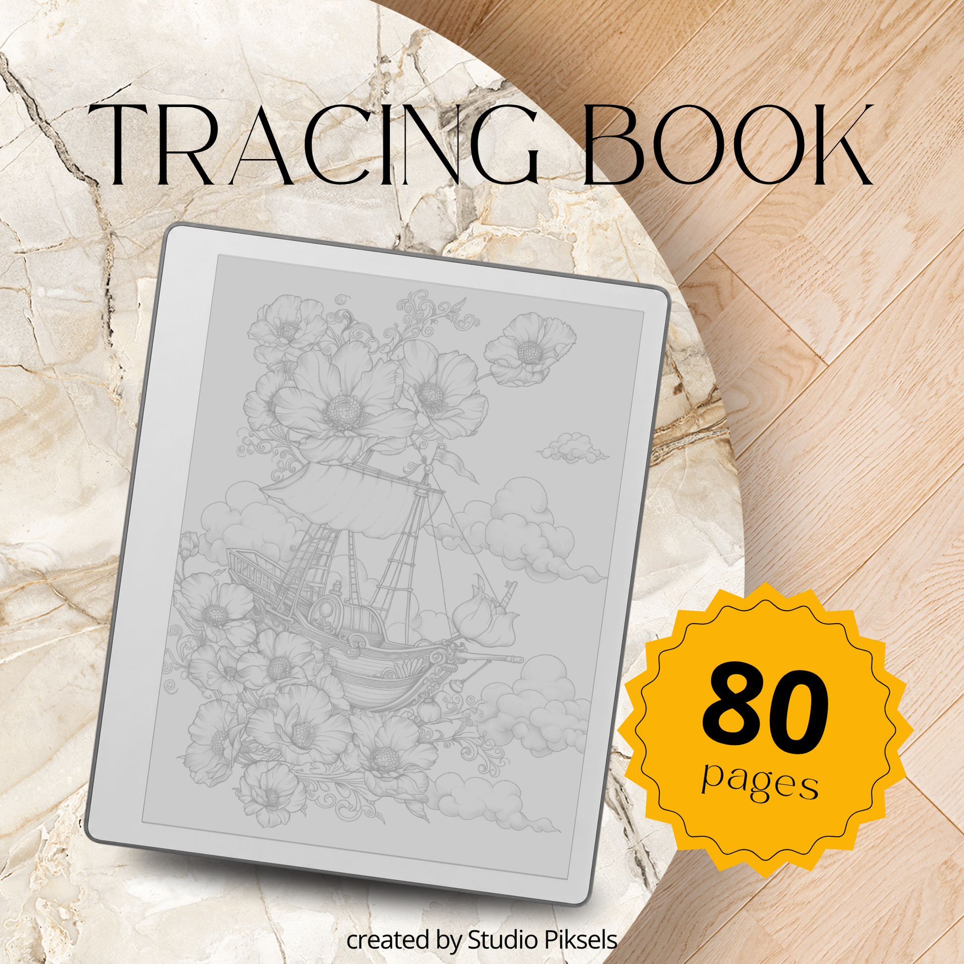 Digital tracing book for reMarkable 1, 2, and Paper Pure with 80 fairy tale-inspired pages, featuring castles, cottages, enchanted forests, mythical creatures, and whimsical characters, optimized for mindful tracing and creative relaxation.