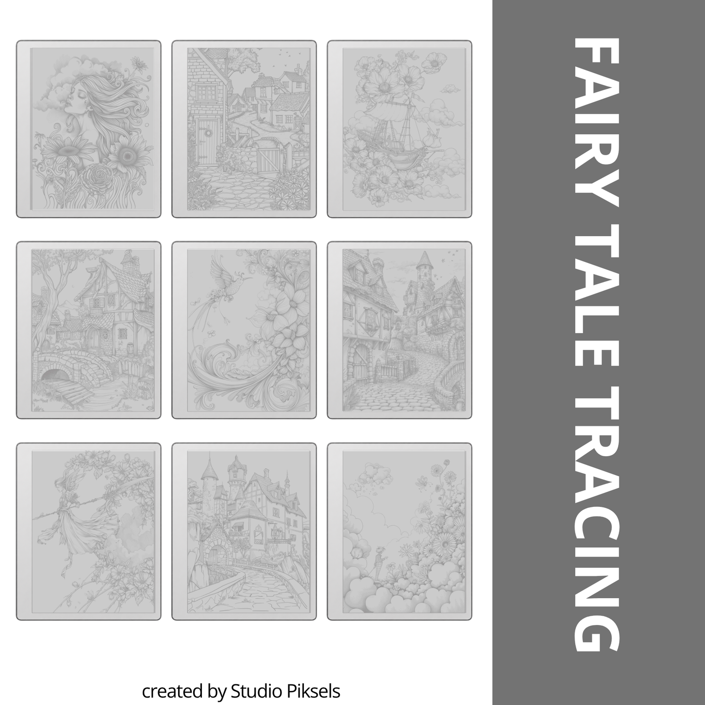 Digital tracing book for reMarkable 1, 2, and Paper Pure with 80 fairy tale-inspired pages, featuring castles, cottages, enchanted forests, mythical creatures, and whimsical characters, optimized for mindful tracing and creative relaxation.