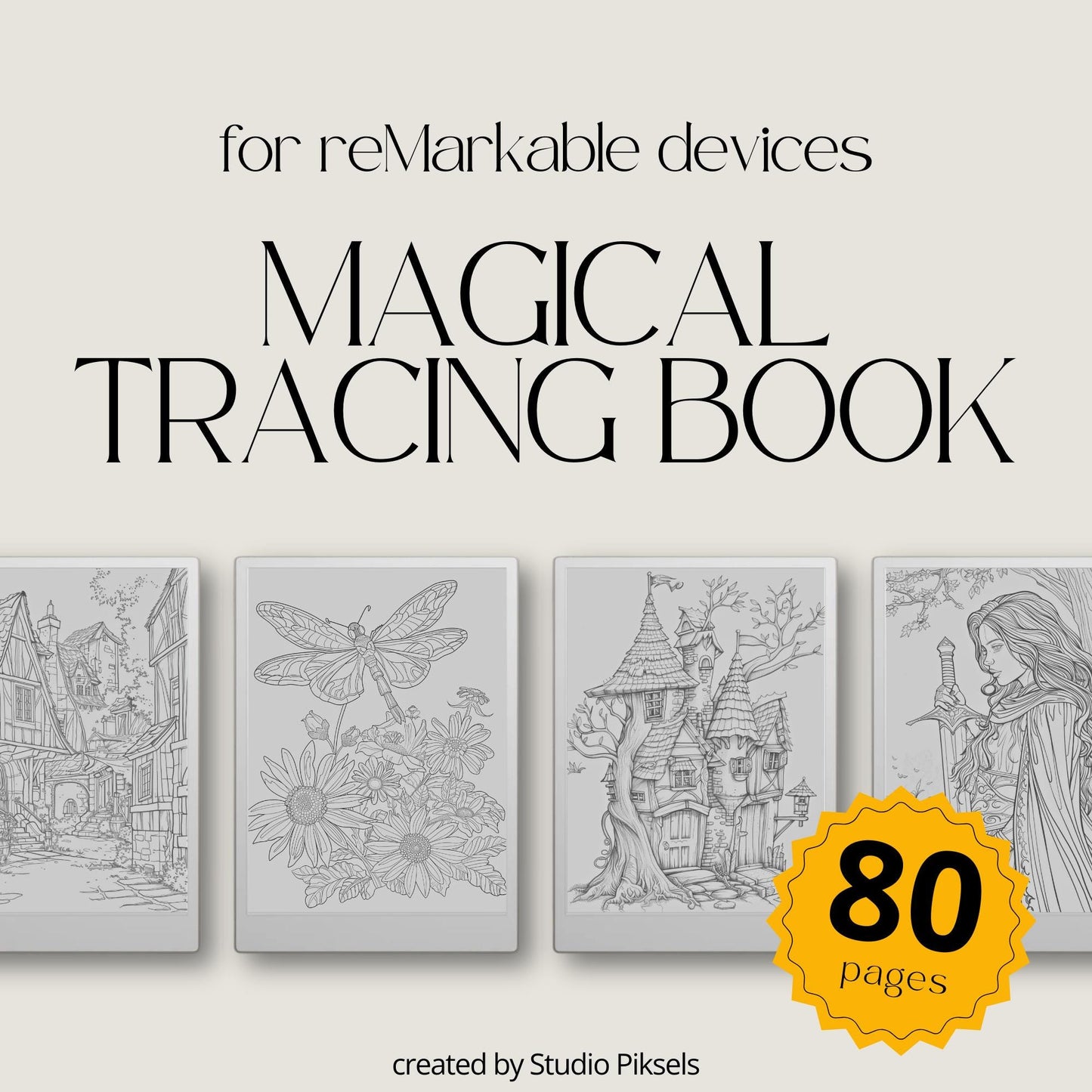 Magical Tracing Book for reMarkable Paper Pro featuring 80 fantasy inspired tracing pages with castles, enchanted landscapes, whimsical scenes, and soft grey line art for mindful digital tracing and creative drawing practice.