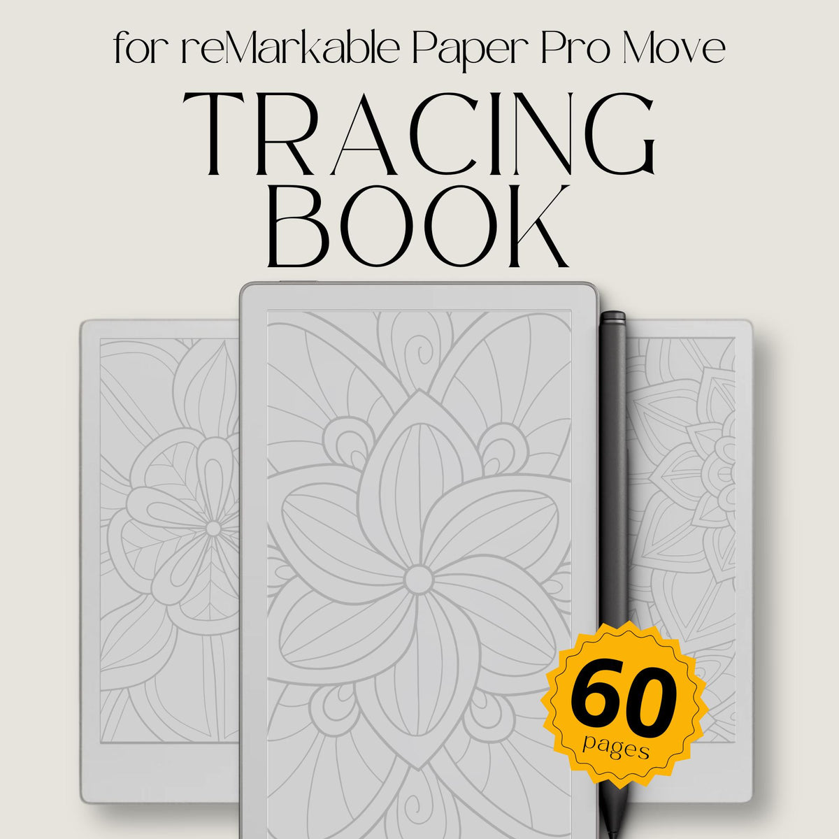 Calming mandala tracing book for reMarkable Paper Pro Move featuring floral and geometric tracing patterns with 60 mindful digital tracing pages for relaxation and creativity.