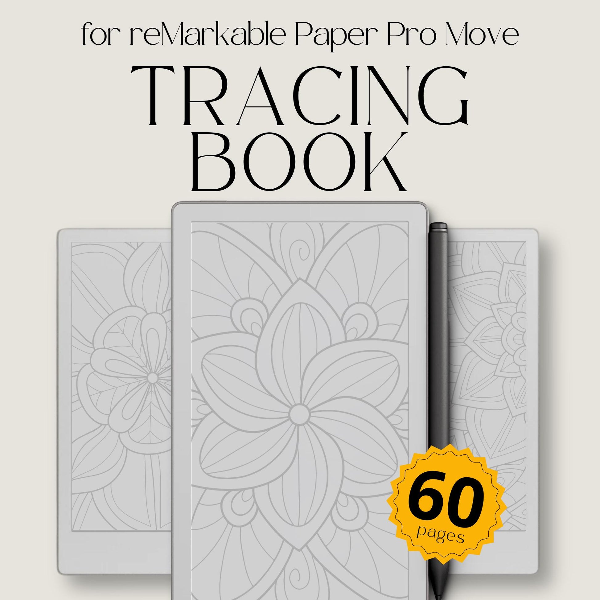 Calming mandala tracing book for reMarkable Paper Pro Move featuring floral and geometric tracing patterns with 60 mindful digital tracing pages for relaxation and creativity.