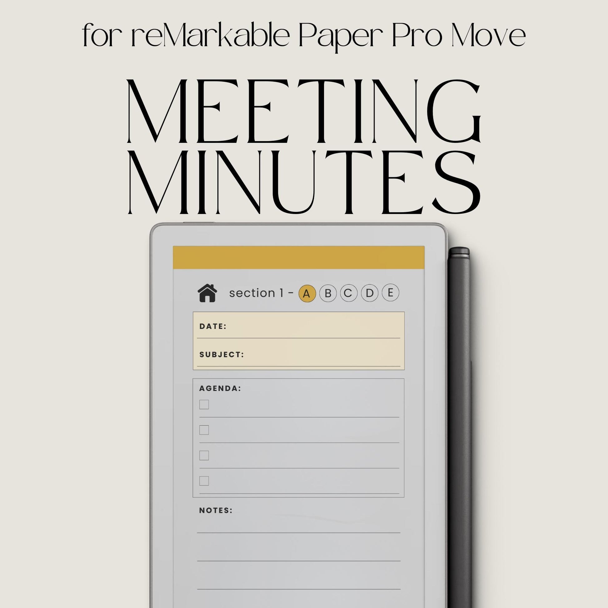 Record meeting agendas, notes, and decisions using a structured meeting minutes notebook on reMarkable Paper Pro Move.