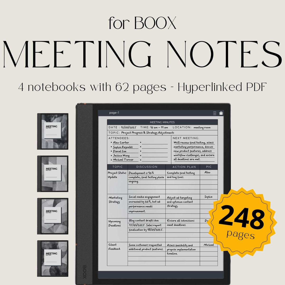 Meeting Minutes Notebook Bundle for BOOX with hyperlinked meeting note pages, customizable indexes, and professional grayscale layouts.