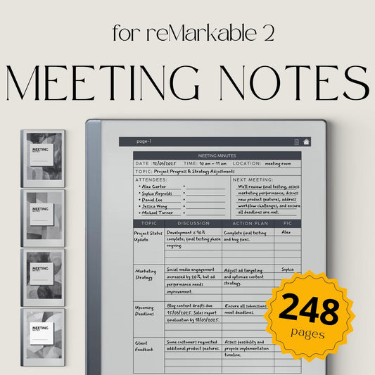 Meeting Minutes Notebook Bundle PDF for reMarkable 2 and Paper Pure with grayscale meeting templates, hyperlinked navigation, and structured note pages