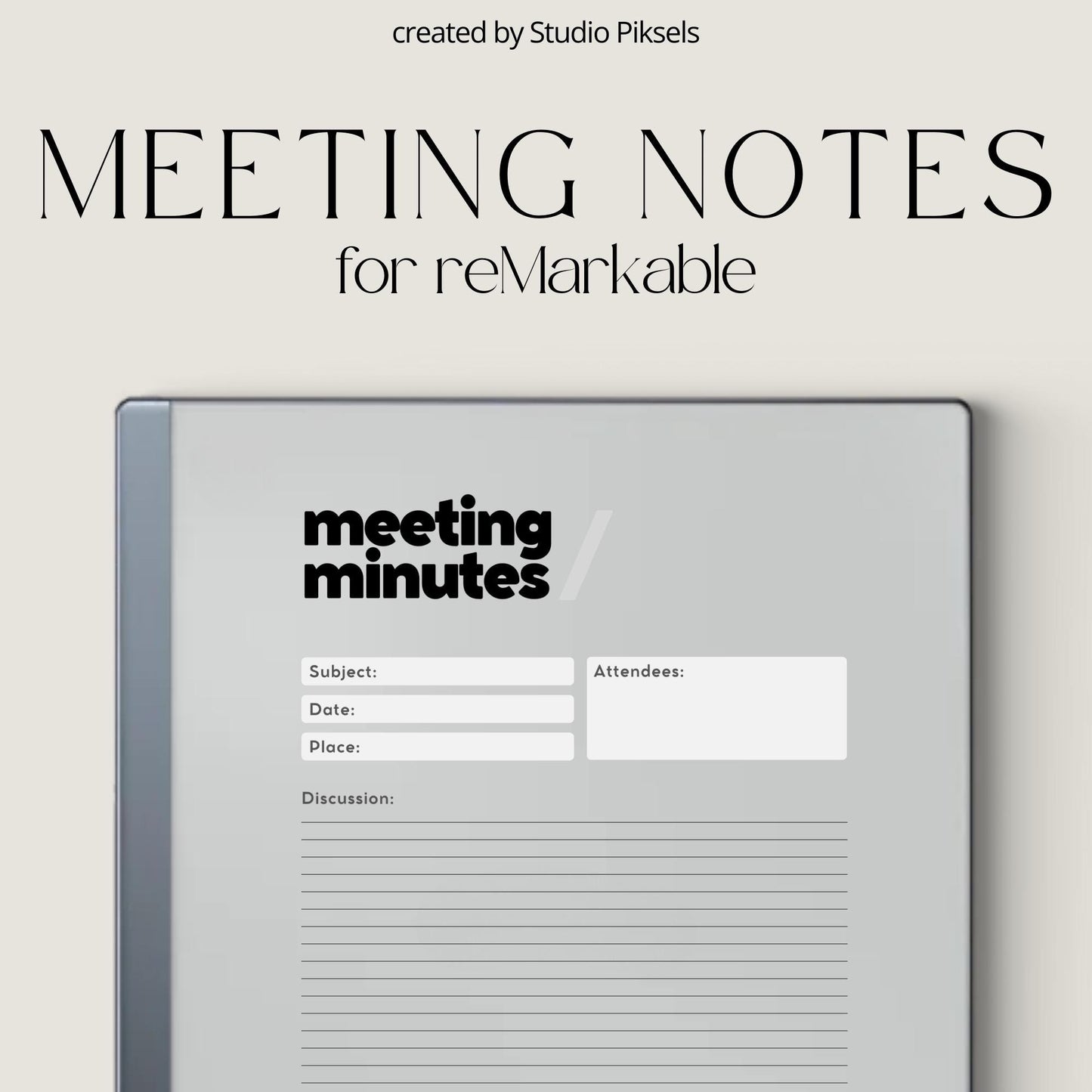 Meeting Minutes Template Bundle PDF for reMarkable 2 and Paper Pure with grayscale meeting templates, lined notes pages, and dotted note-taking layouts