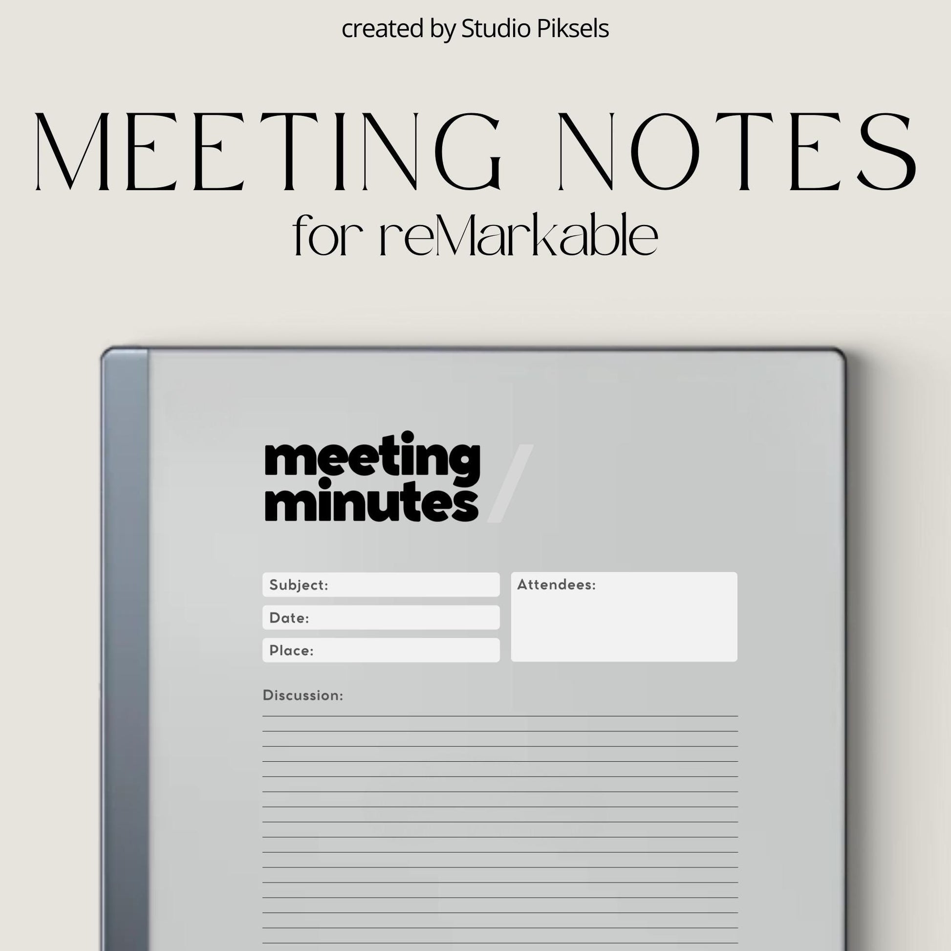 Meeting Minutes Template Bundle PDF for reMarkable 2 and Paper Pure with grayscale meeting templates, lined notes pages, and dotted note-taking layouts