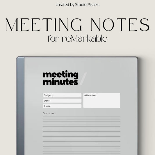 Meeting Minutes Template Bundle PDF for reMarkable 2 and Paper Pure with grayscale meeting templates, lined notes pages, and dotted note-taking layouts