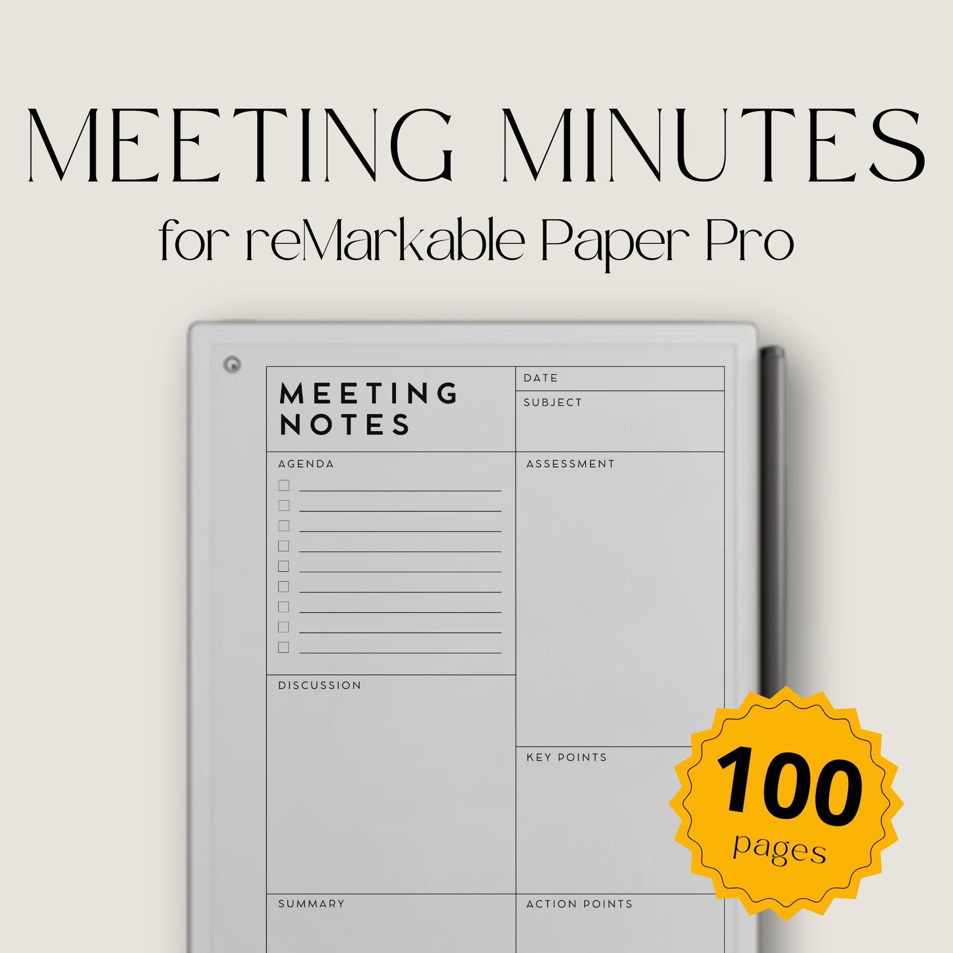 Meeting Minutes Template for reMarkable Paper Pro with structured meeting note layouts, lined writing pages, and professional digital notebooks for productivity and planning.