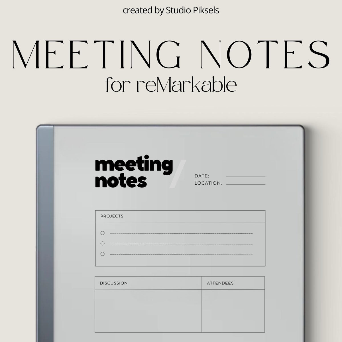Meeting Minutes Notebook PDF for reMarkable 2 and Paper Pure with grayscale meeting note templates and minimalist digital writing pages