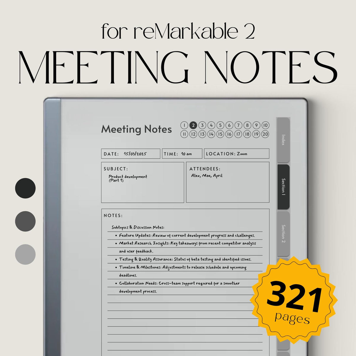 Meeting Minutes Notebook Bundle PDF for reMarkable 2 and Paper Pure with grayscale meeting pages, clickable navigation, and structured note templates