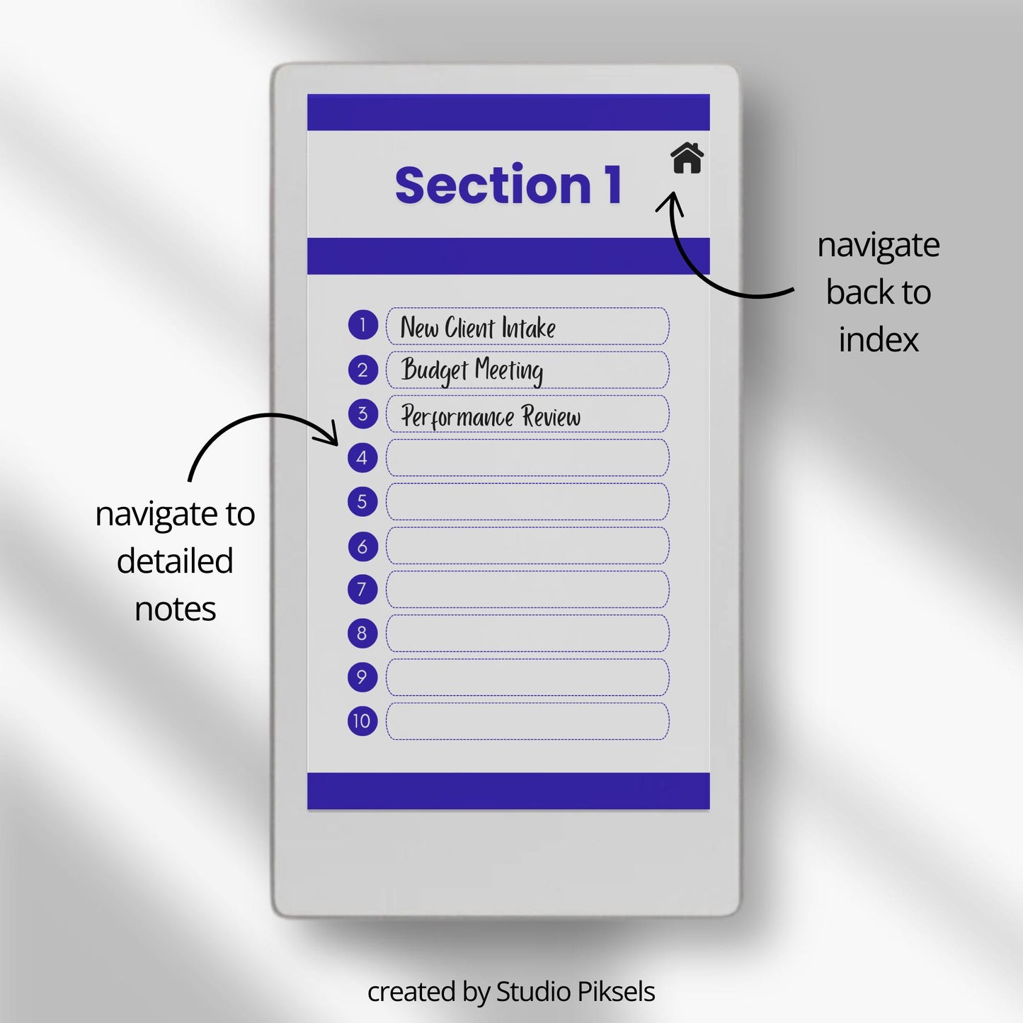 Hyperlinked meeting notes notebook for reMarkable Paper Pro Move.