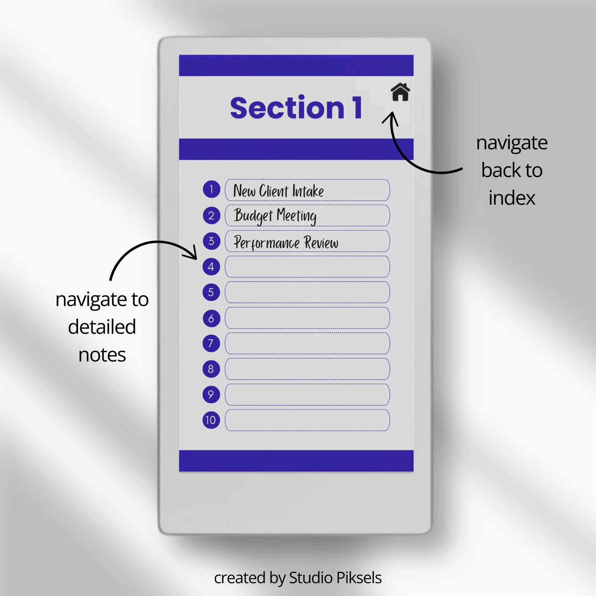 Hyperlinked meeting notes notebook for reMarkable Paper Pro Move.