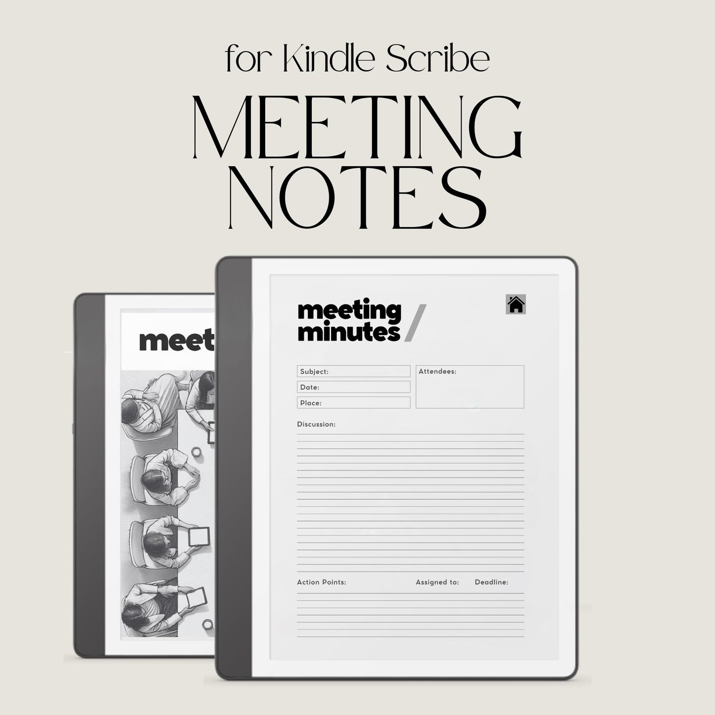 Meeting Notes Notebook for Kindle Scribe featuring hyperlinked meeting pages, action point trackers, extra notes sections, and structured layouts for professional digital note-taking.
