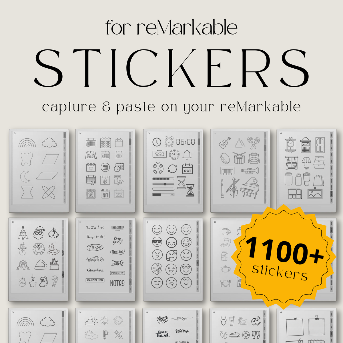 Mega bundle digital stickers for reMarkable Paper Pro, Paper Pure, and reMarkable 2 with shapes, calendars, emojis, labels, icons, food, and planning elements.