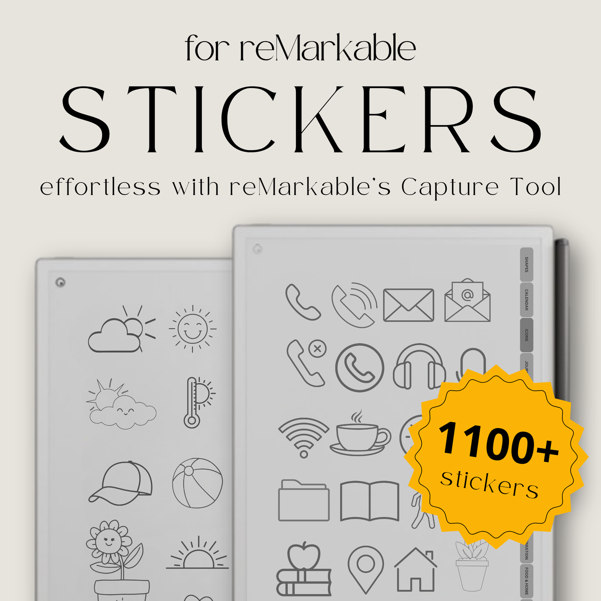 Mega bundle digital stickers for reMarkable Paper Pro, Paper Pure, and reMarkable 2 with shapes, calendars, emojis, labels, icons, food, and planning elements.