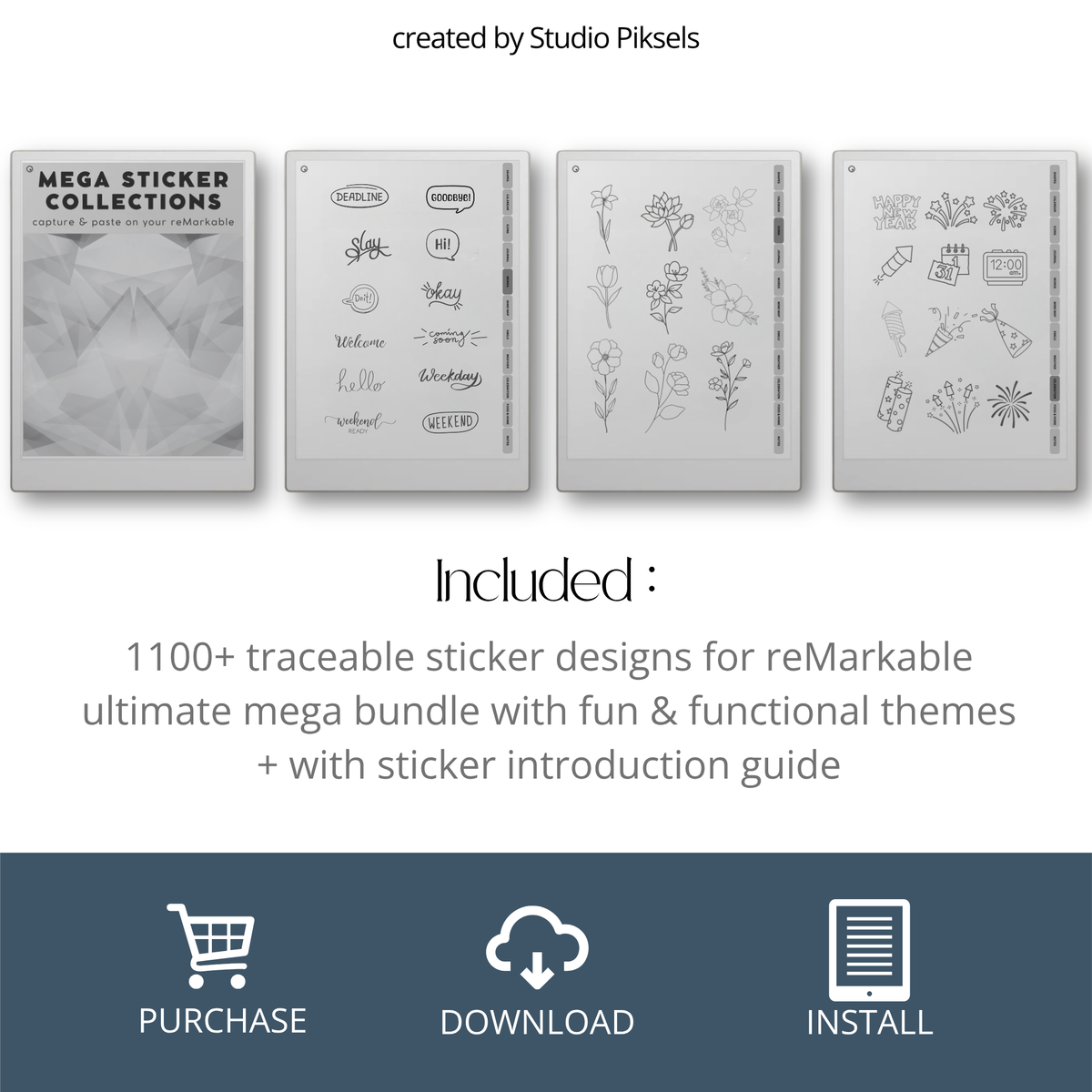 Mega bundle digital stickers for reMarkable Paper Pro, Paper Pure, and reMarkable 2 with shapes, calendars, emojis, labels, icons, food, and planning elements.
