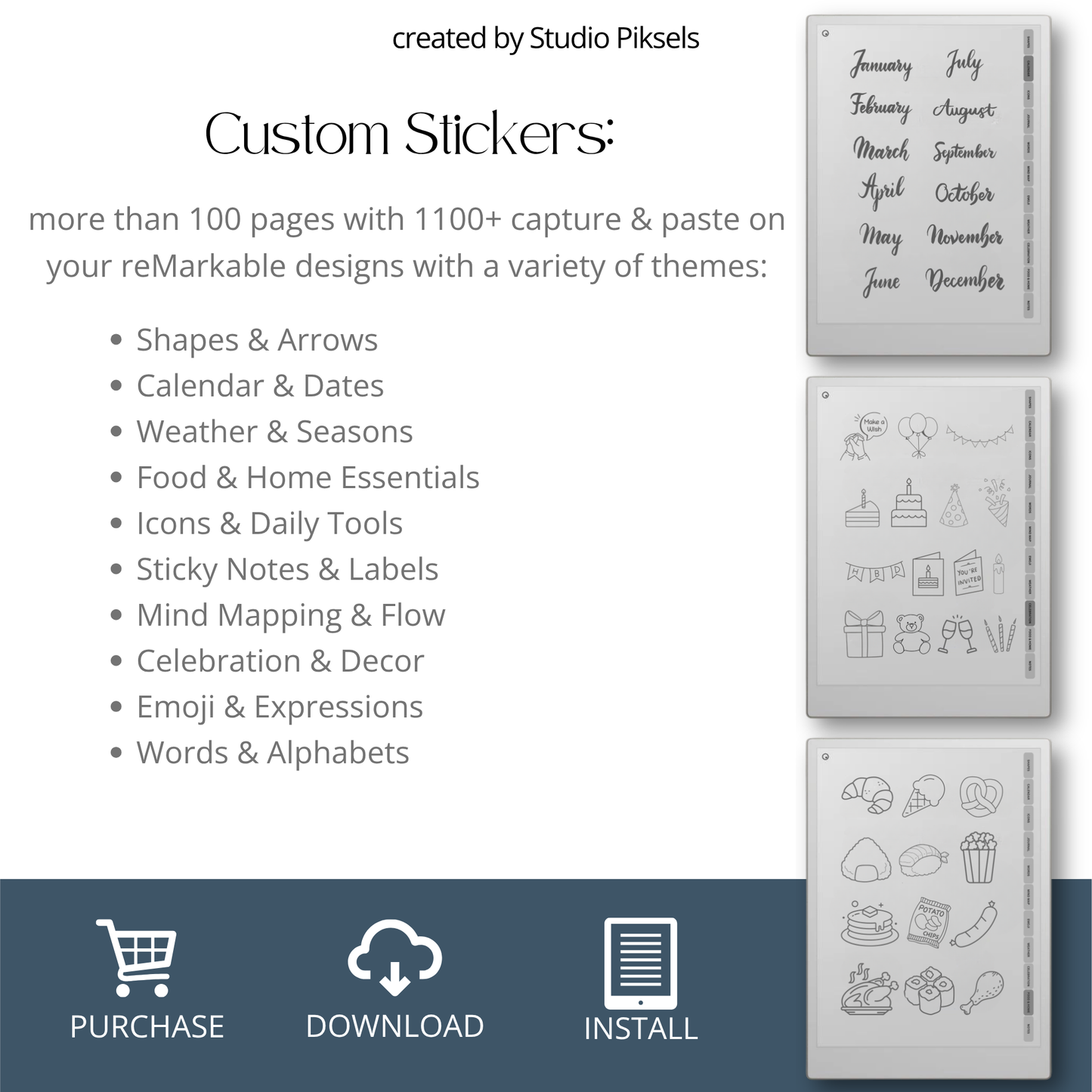 Mega bundle digital stickers for reMarkable Paper Pro, Paper Pure, and reMarkable 2 with shapes, calendars, emojis, labels, icons, food, and planning elements.
