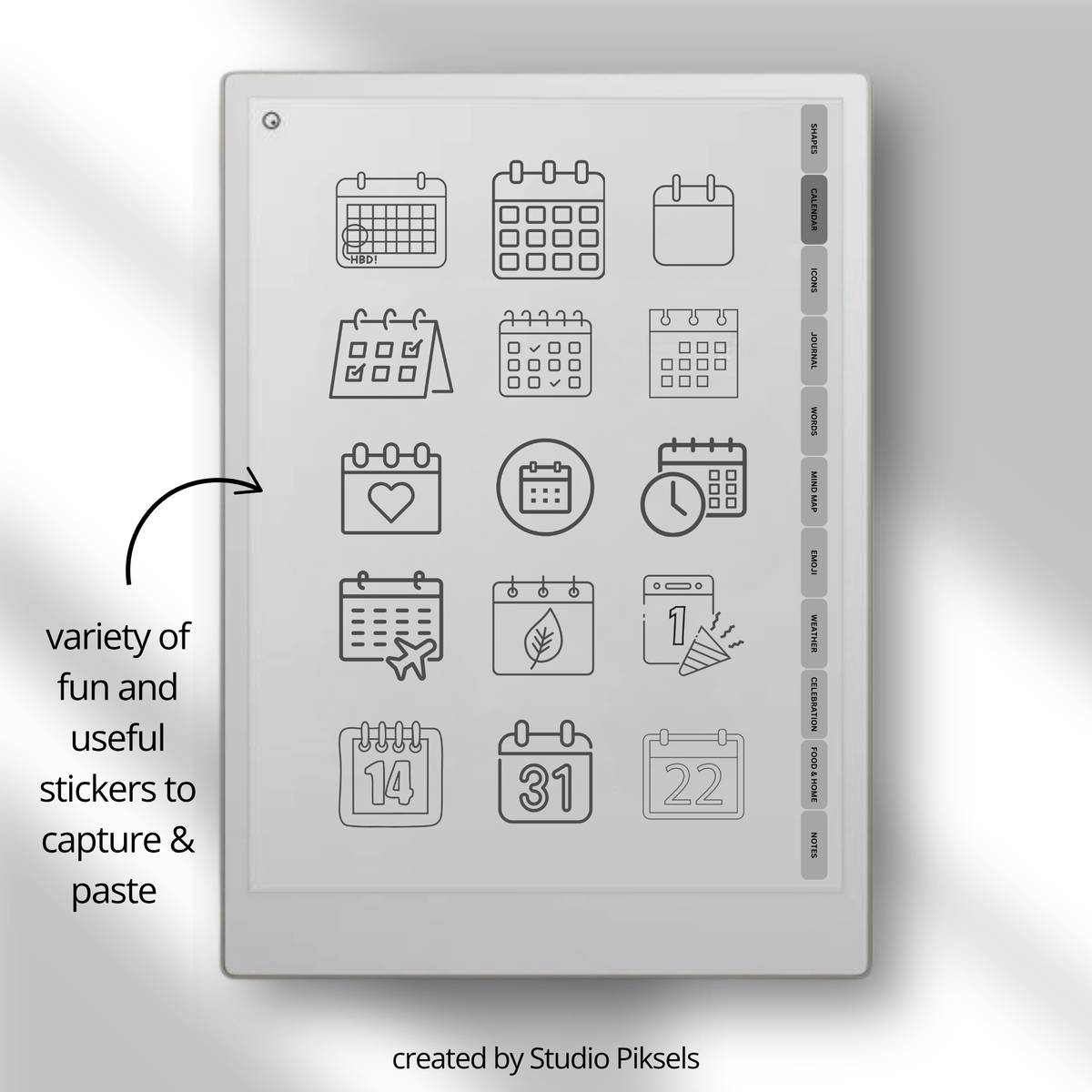 Mega bundle digital stickers for reMarkable Paper Pro, Paper Pure, and reMarkable 2 with shapes, calendars, emojis, labels, icons, food, and planning elements.