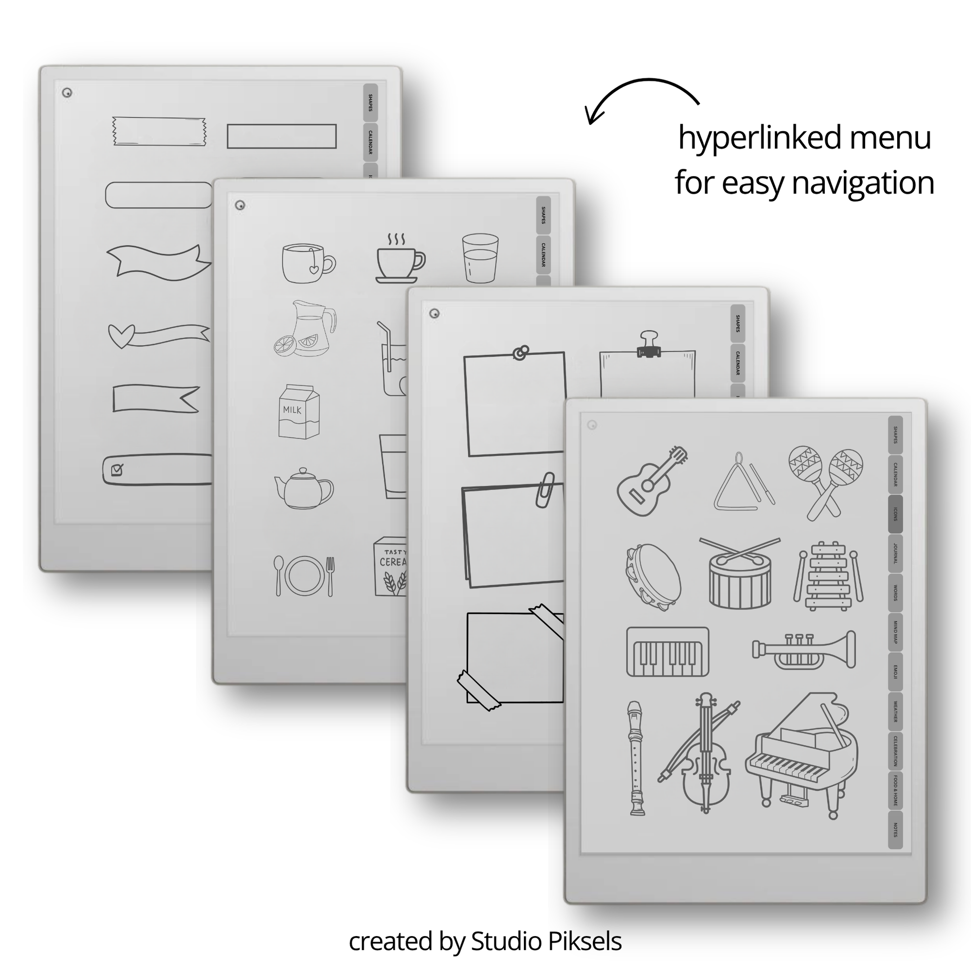 Mega bundle digital stickers for reMarkable Paper Pro, Paper Pure, and reMarkable 2 with shapes, calendars, emojis, labels, icons, food, and planning elements.