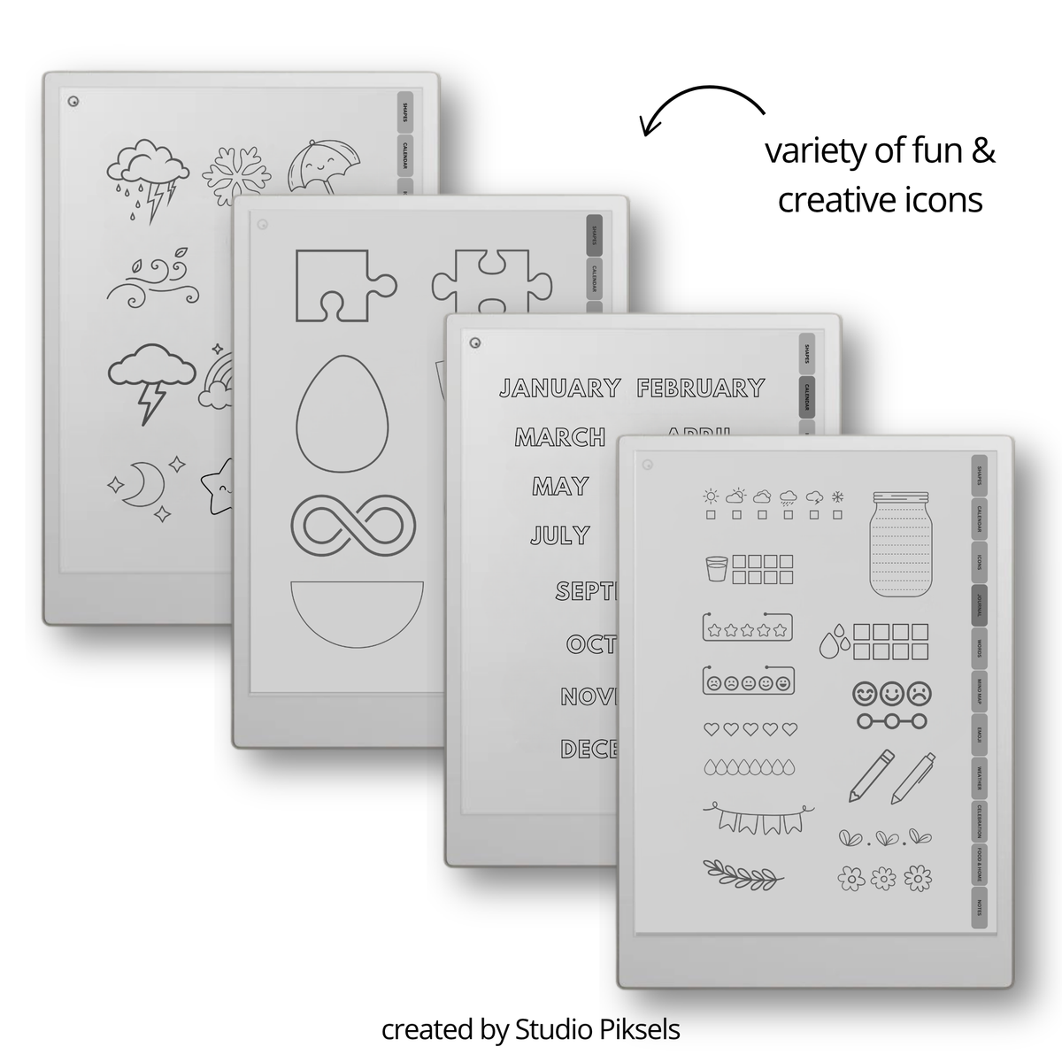 Mega bundle digital stickers for reMarkable Paper Pro, Paper Pure, and reMarkable 2 with shapes, calendars, emojis, labels, icons, food, and planning elements.