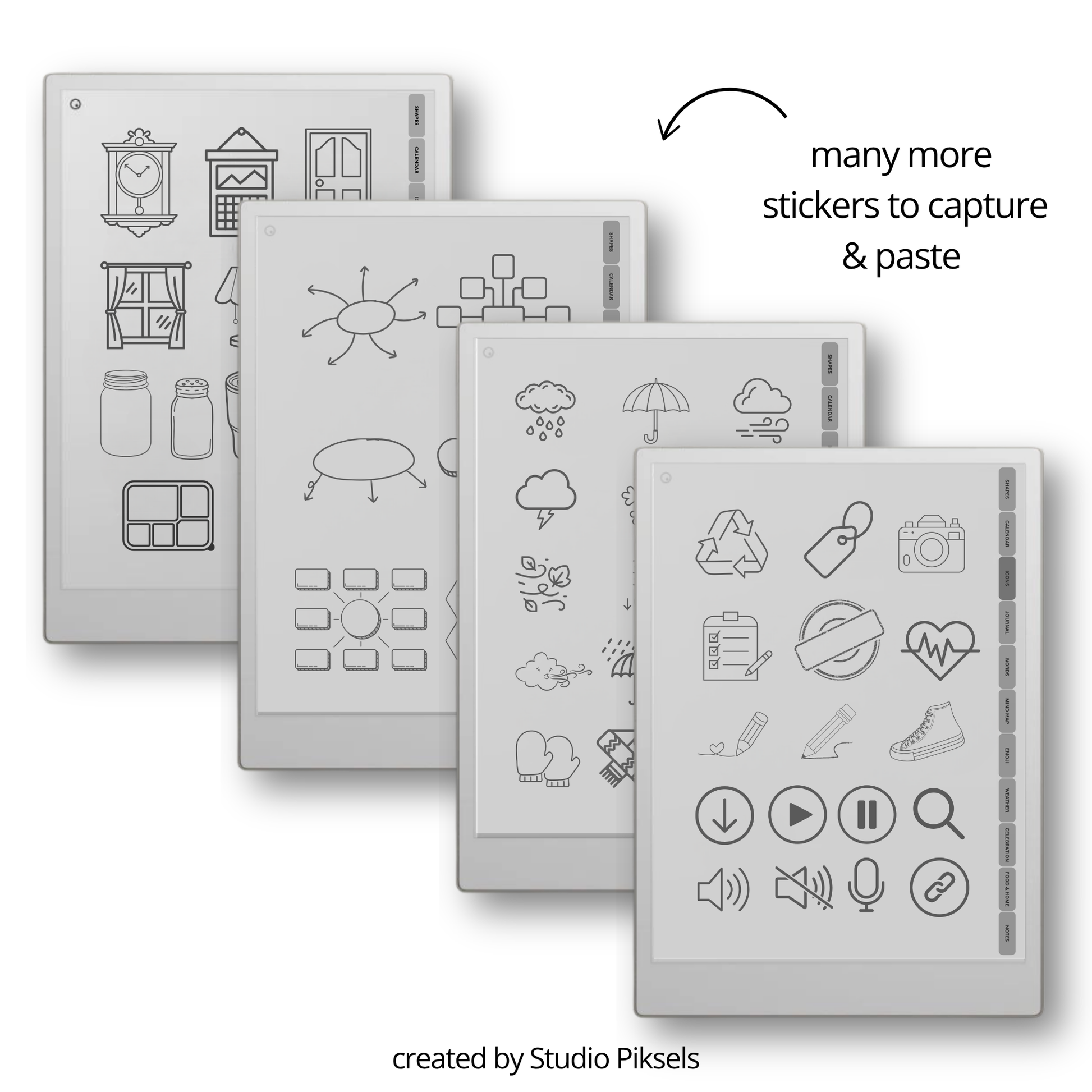 Mega bundle digital stickers for reMarkable Paper Pro, Paper Pure, and reMarkable 2 with shapes, calendars, emojis, labels, icons, food, and planning elements.