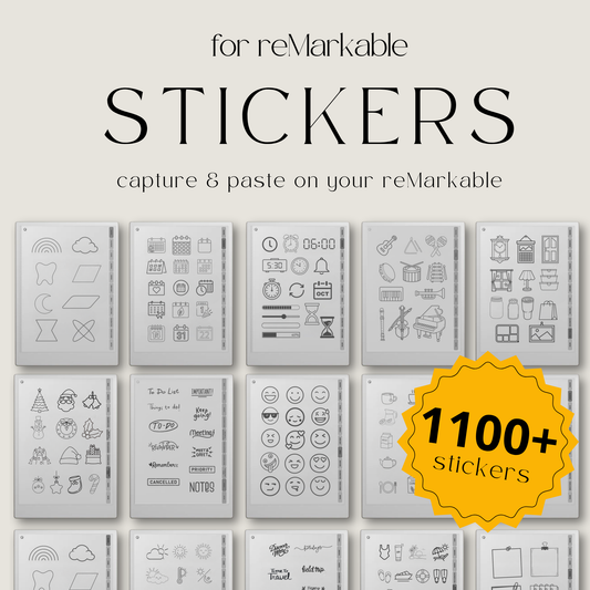 Mega bundle digital stickers for reMarkable Paper Pro, Paper Pure, and reMarkable 2 with shapes, calendars, emojis, labels, icons, food, and planning elements.