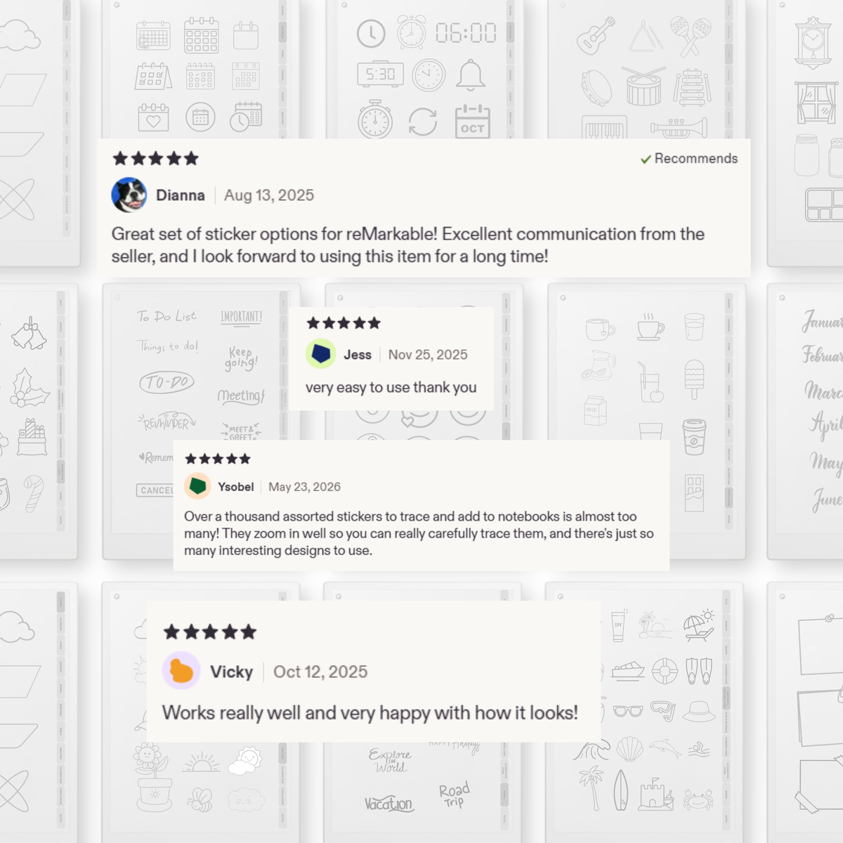 Mega bundle digital stickers for reMarkable Paper Pro, Paper Pure, and reMarkable 2 with shapes, calendars, emojis, labels, icons, food, and planning elements.