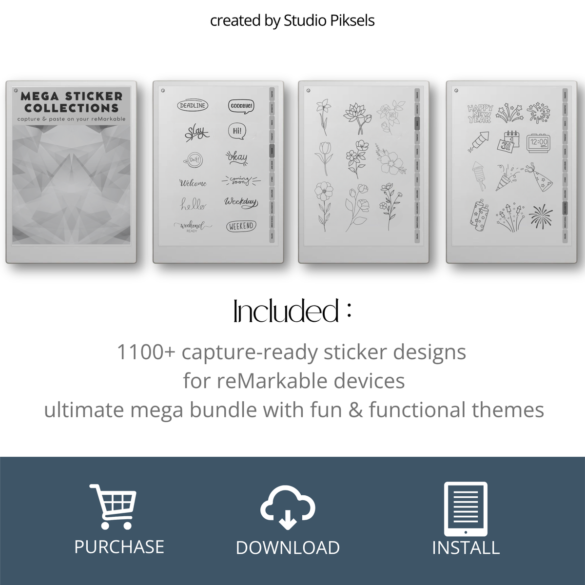 Mega bundle digital stickers for reMarkable Paper Pro, Paper Pure, and reMarkable 2 with shapes, calendars, emojis, labels, icons, food, and planning elements.