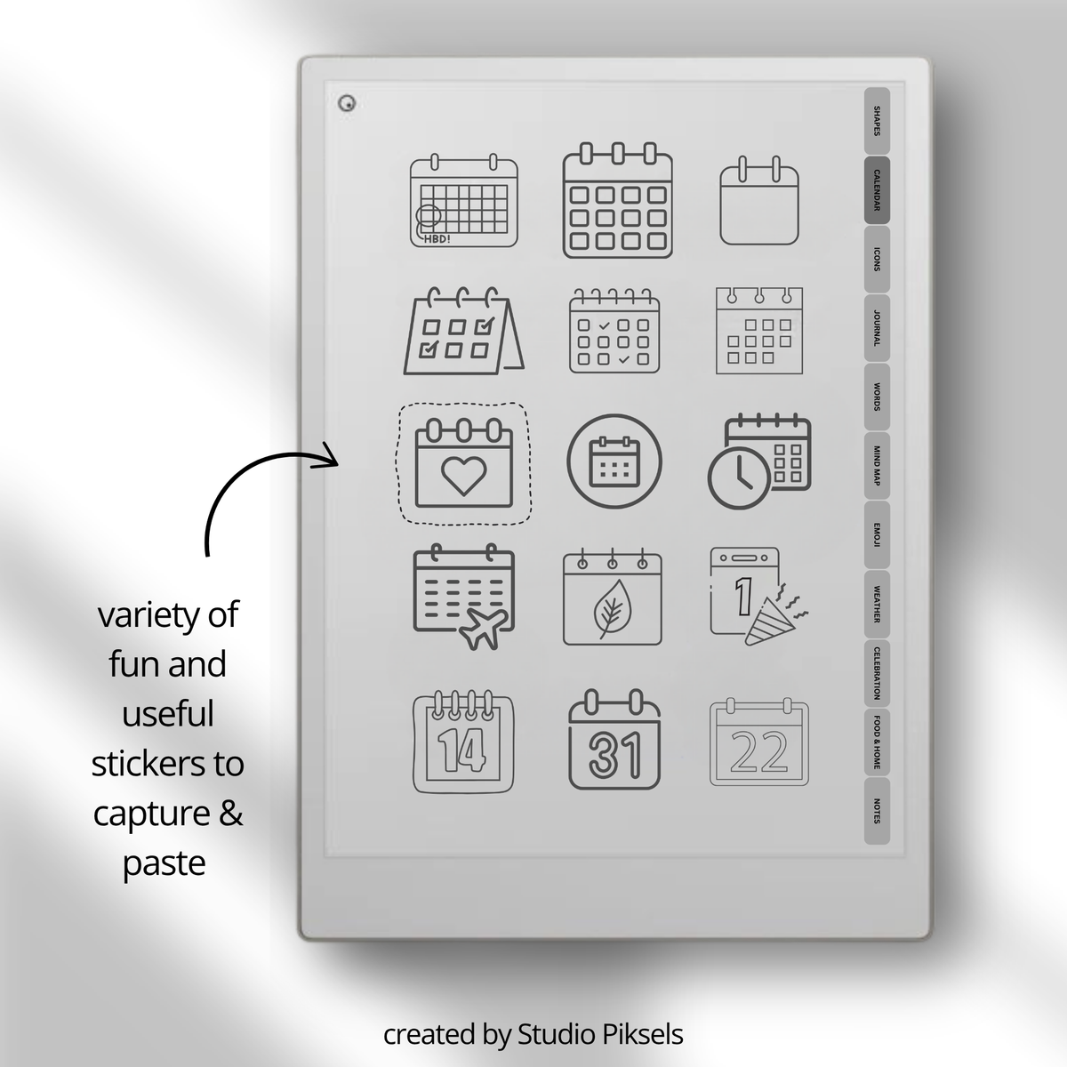 Mega bundle digital stickers for reMarkable Paper Pro, Paper Pure, and reMarkable 2 with shapes, calendars, emojis, labels, icons, food, and planning elements.