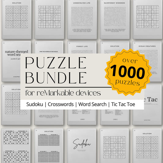 Mega Puzzle Book Bundle for reMarkable cover showcasing Sudoku, Tic Tac Toe, crossword, and word search puzzle grids optimized for e-ink devices.