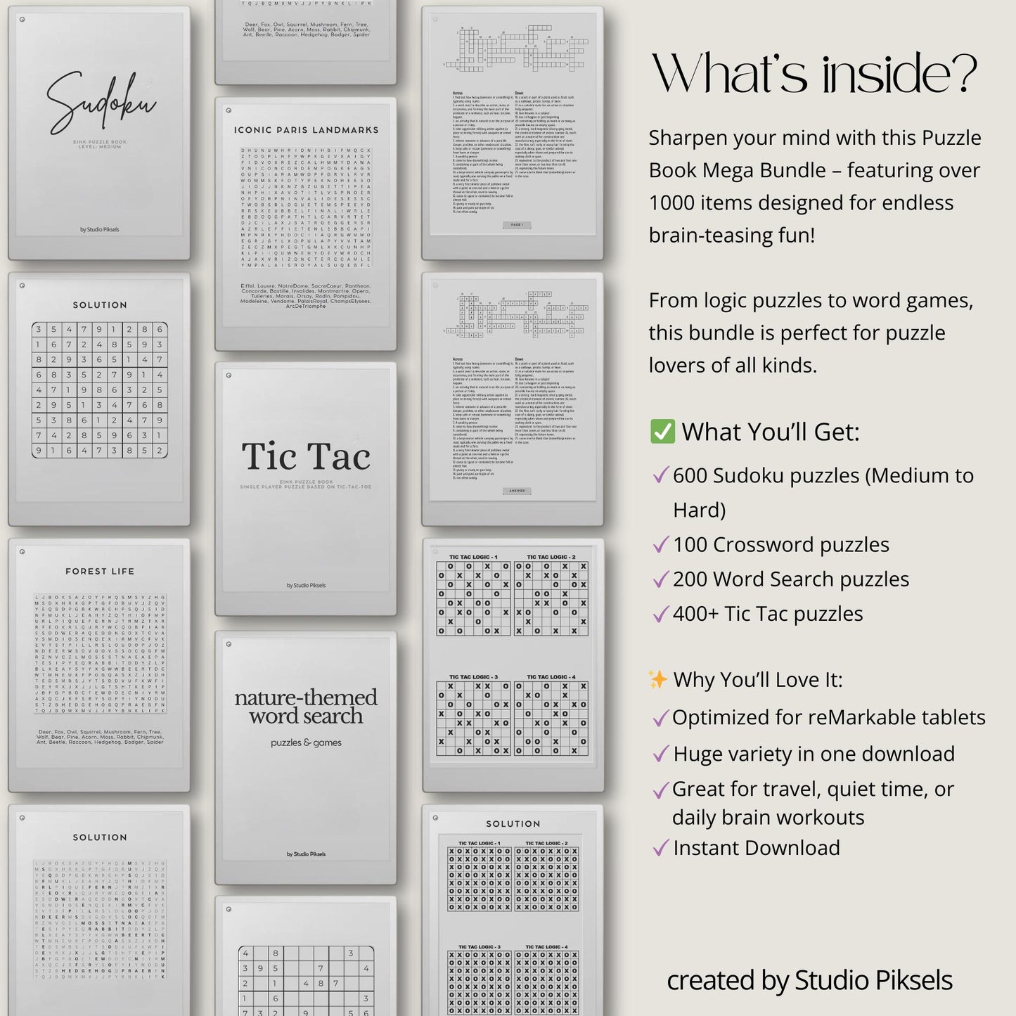 Mega Puzzle Book Bundle for reMarkable featuring a comprehensive collection of 1000+ puzzles across multiple categories, perfect for mental fitness.