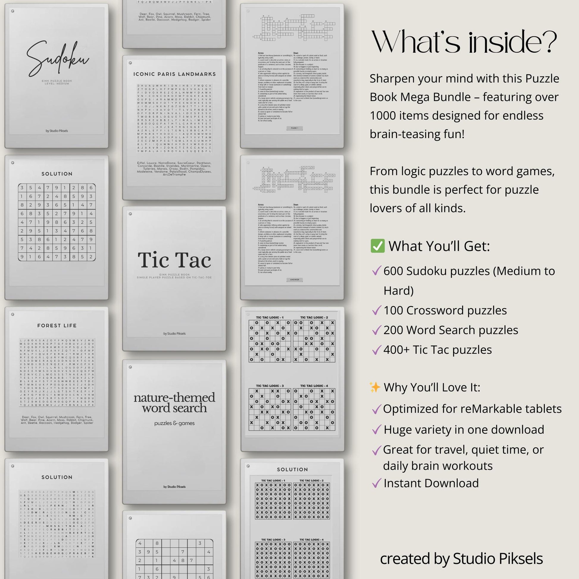 Mega Puzzle Book Bundle for reMarkable featuring a comprehensive collection of 1000+ puzzles across multiple categories, perfect for mental fitness.