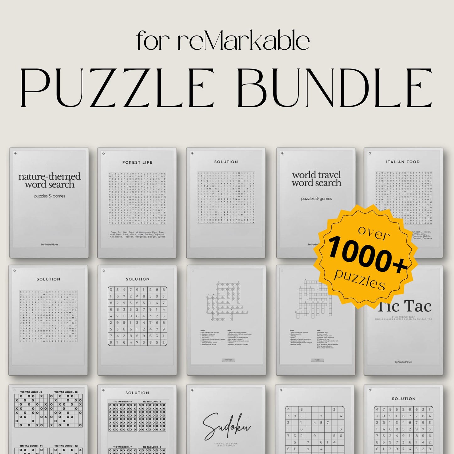 Mega Puzzle Book Bundle for reMarkable showing a preview of various puzzle types, from Sudoku to word search, designed for all skill levels.