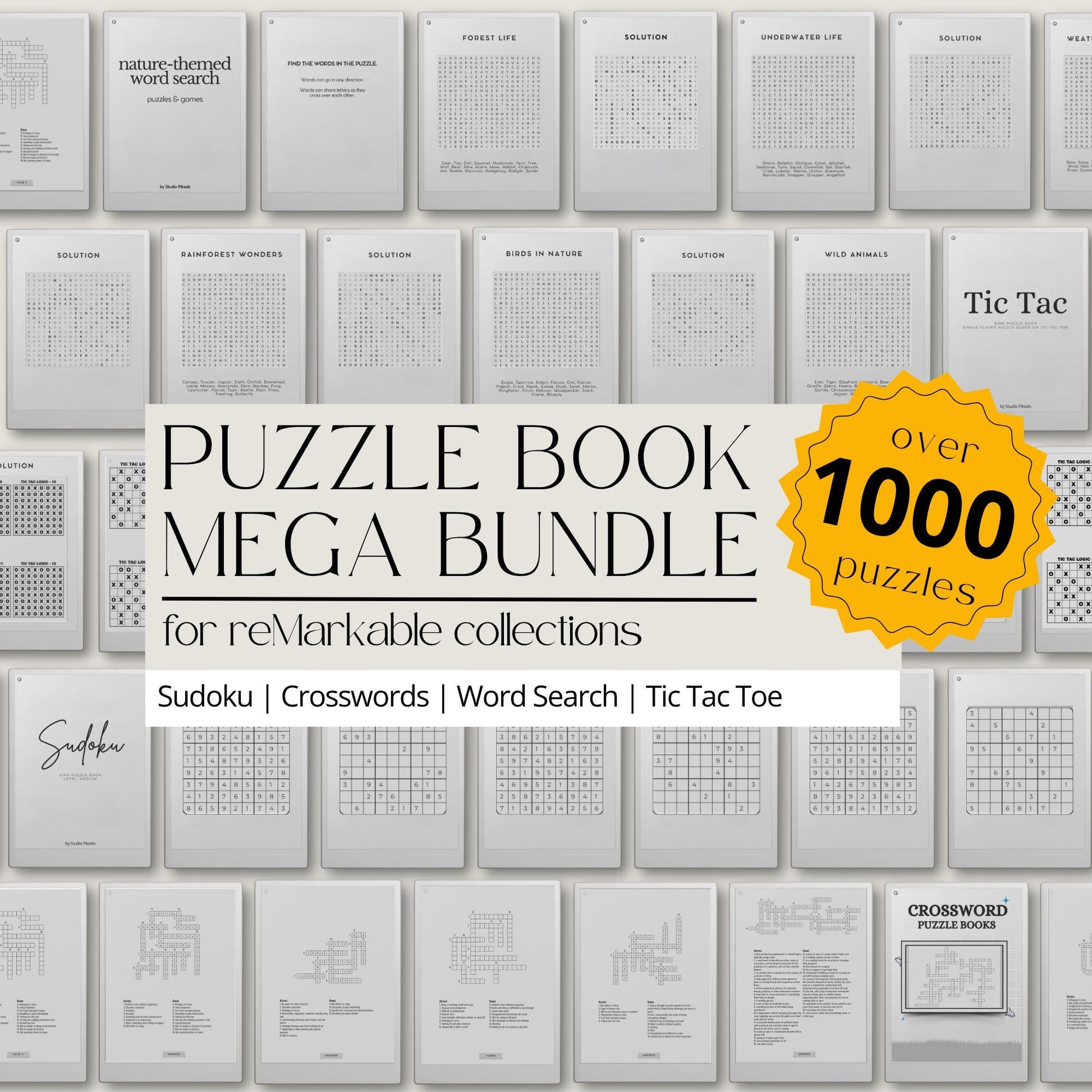 Mega Puzzle Book Bundle for reMarkable showcasing a variety of puzzle types, including Sudoku, Tic Tac Toe, and crosswords, suitable for all abilities.