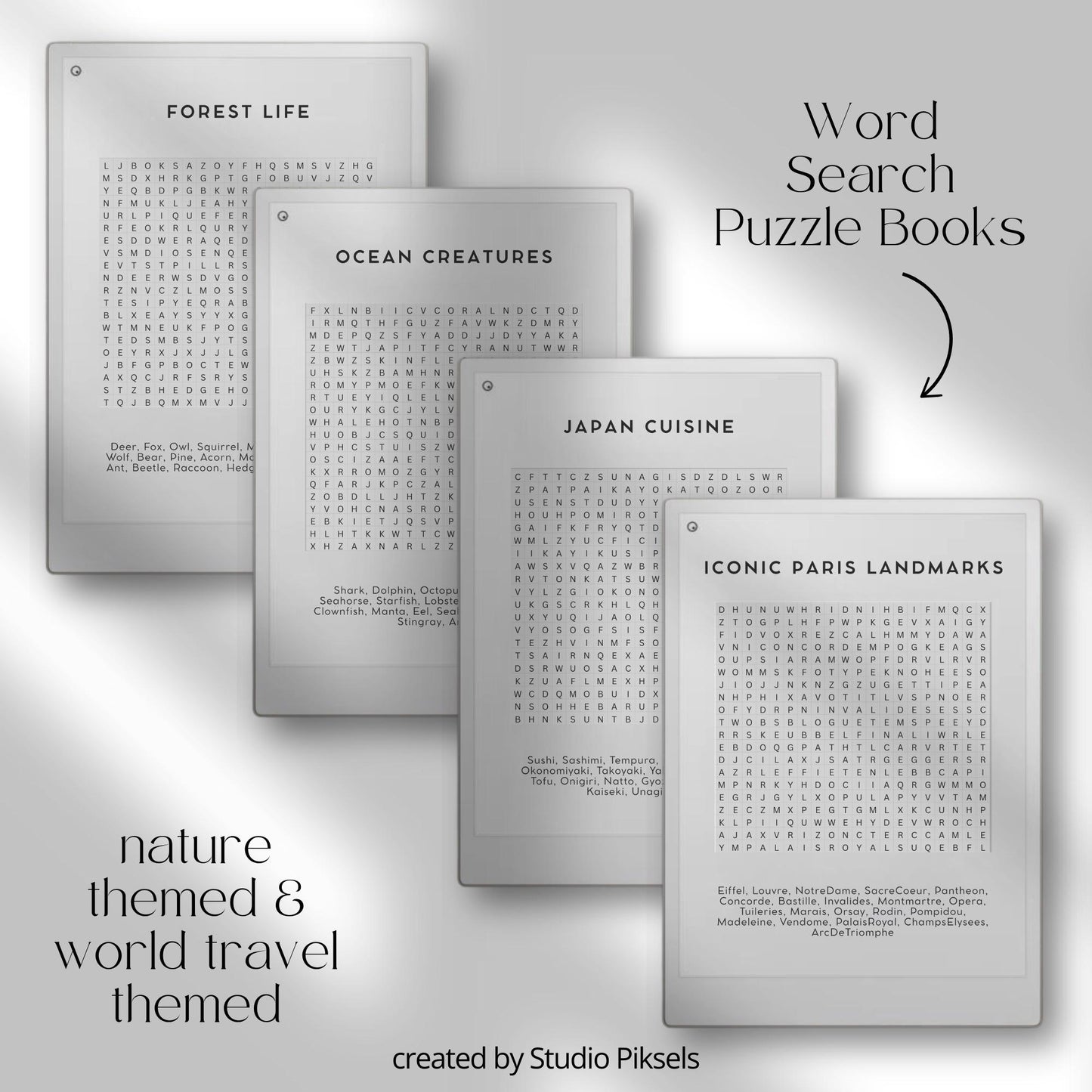 Mega Puzzle Book Bundle for reMarkable featuring 200 word search puzzles with nature and world travel themes, perfect for mental relaxation.