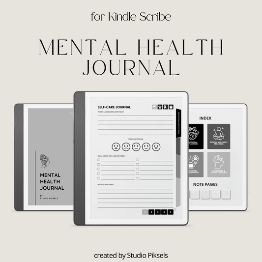 Hyperlinked Mental Health Journal for Kindle Scribe featuring emotional reflection, wellness tracking, guided journaling, and monochrome e-ink layouts.