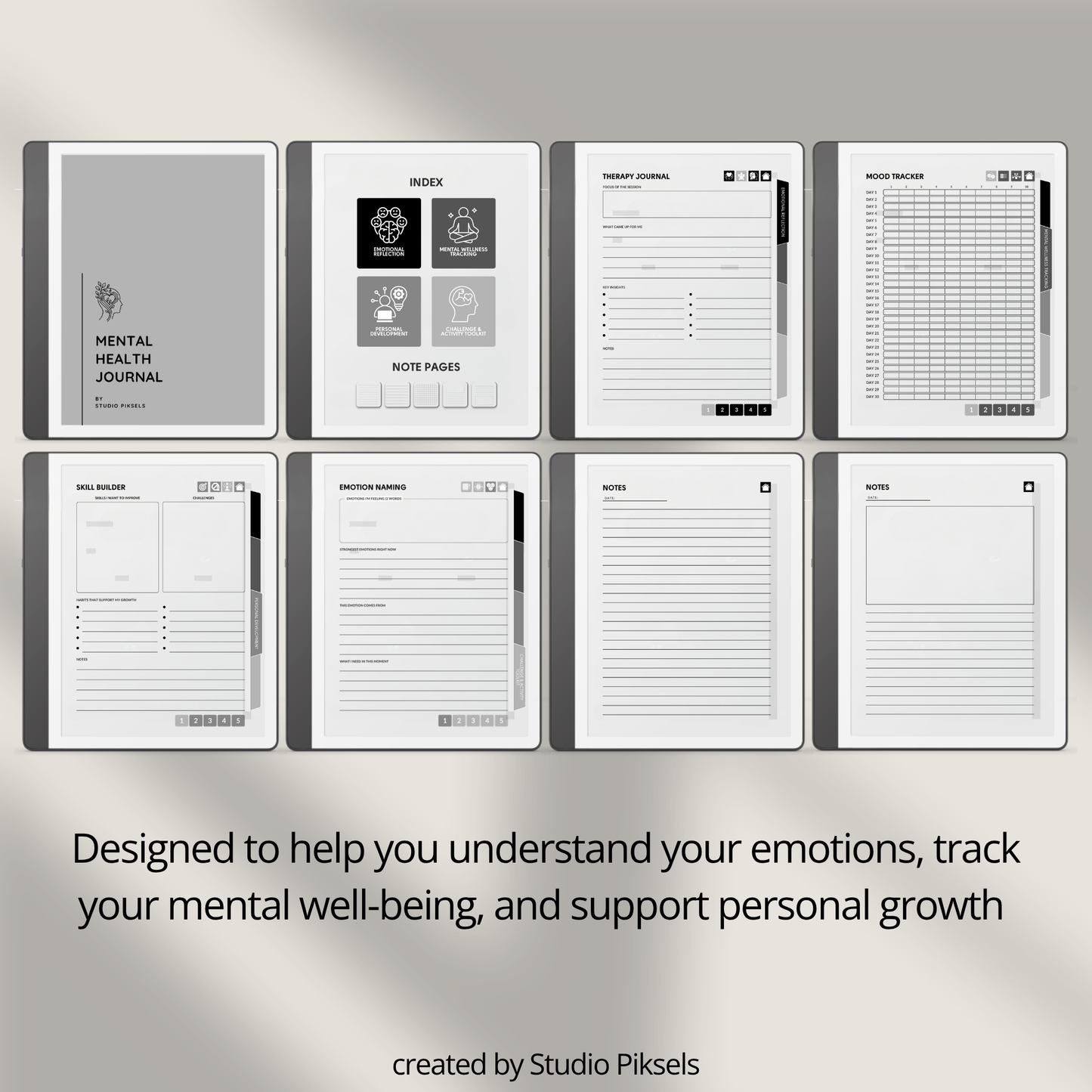 Hyperlinked Mental Health Journal for Kindle Scribe featuring emotional reflection, wellness tracking, guided journaling, and monochrome e-ink layouts.